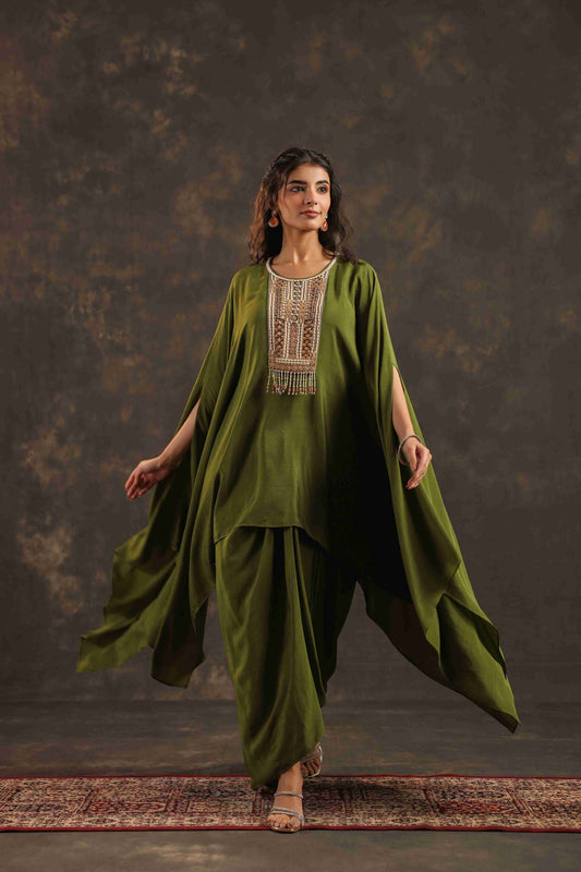 Flayered Top with Dhoti Pant Mehndi