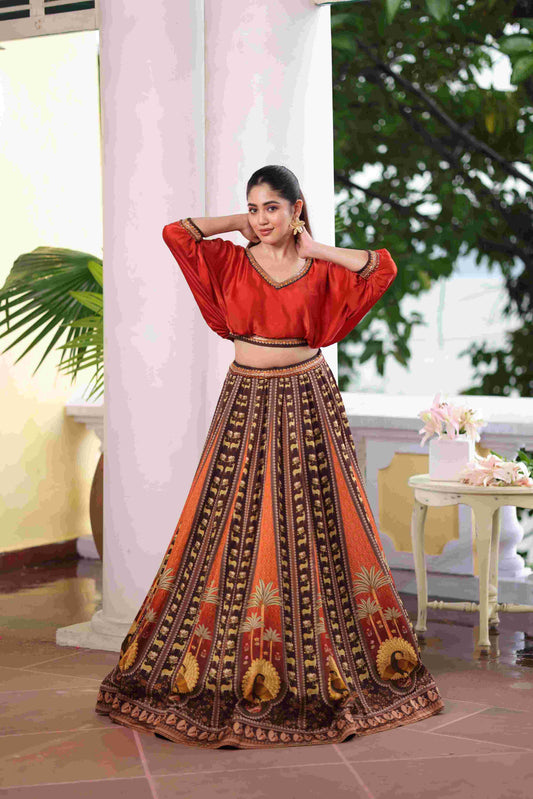Printed Lehanga with Cowl Top