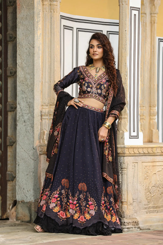 Black Colour Print Frill lehanga with embroidered full sleeves blouse