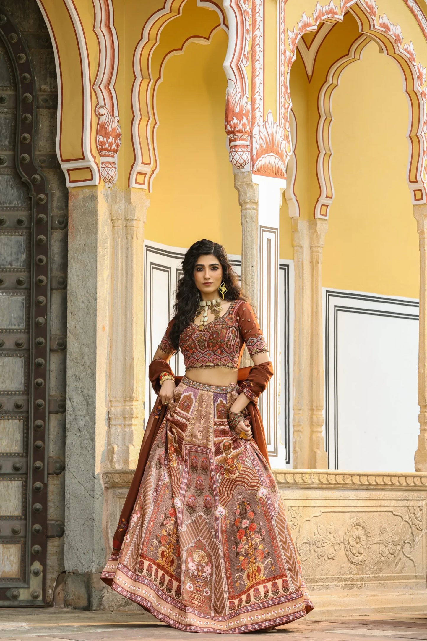 Traditional Printed lehanga with full machine embroidered Blouse & Dupatta