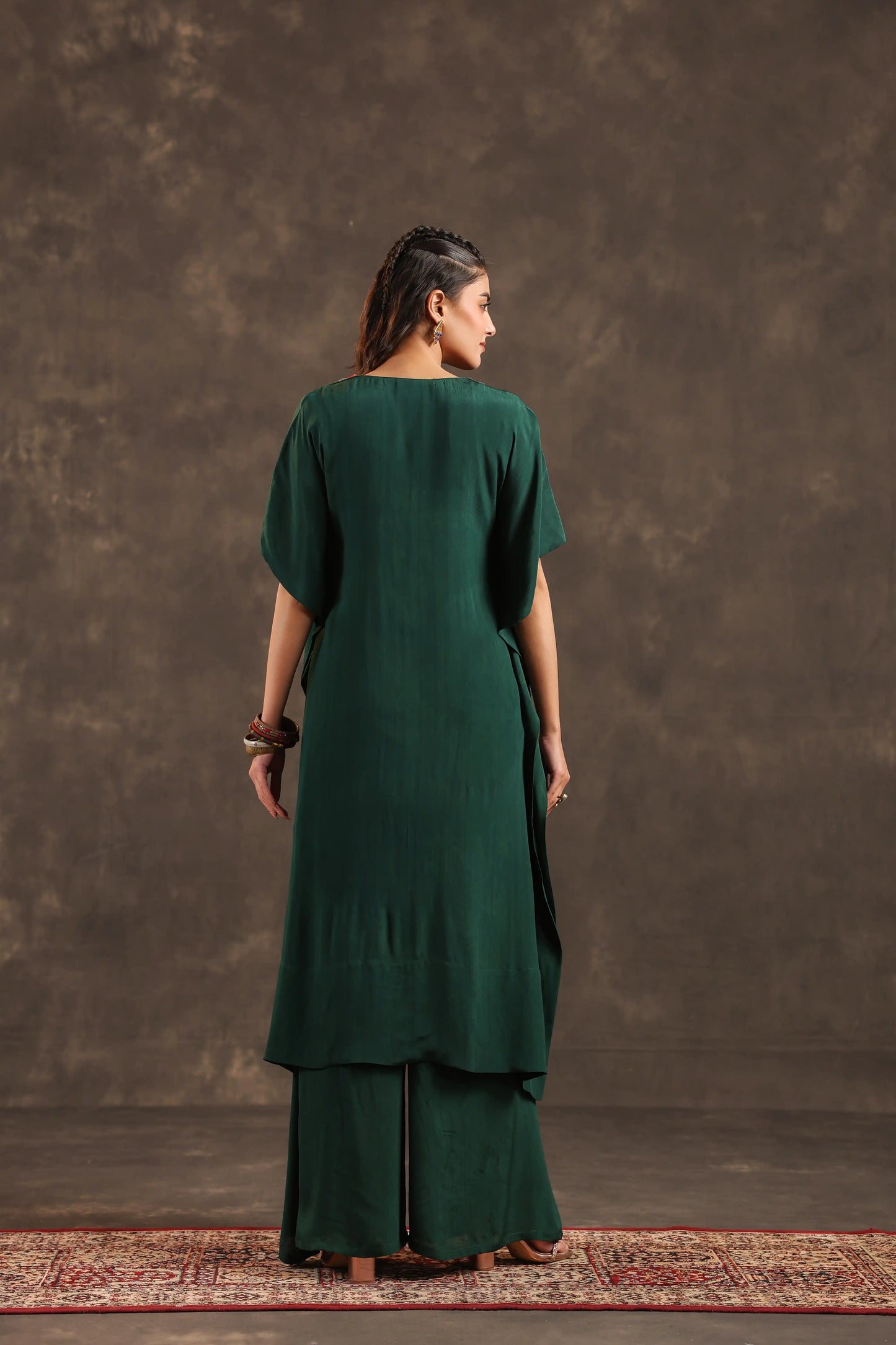 Heavy Embellished Long Top with Flayered Pant Green