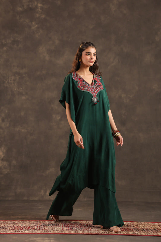 Heavy Embellished Long Top with Flayered Pant Green