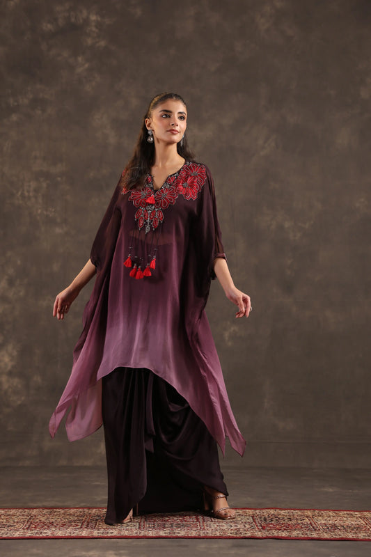 Heavy Embellished Ombre Kaftan Set Burgundy
