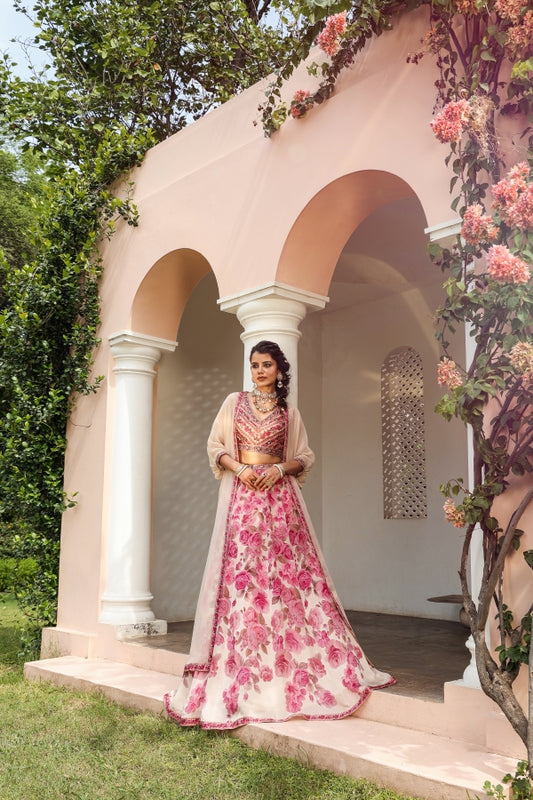 Pink Floral Print Jacket Pattern Lehanga