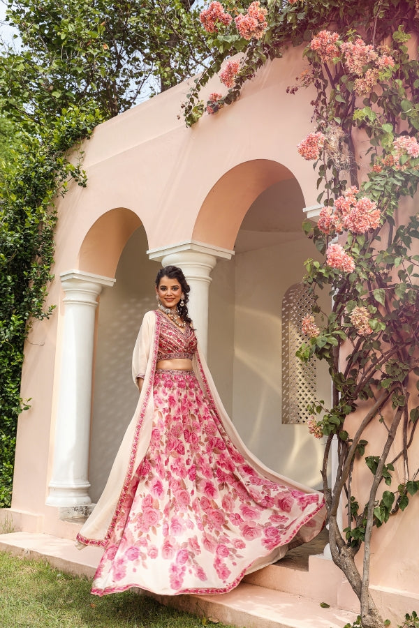 Pink Floral Print Jacket Pattern Lehanga