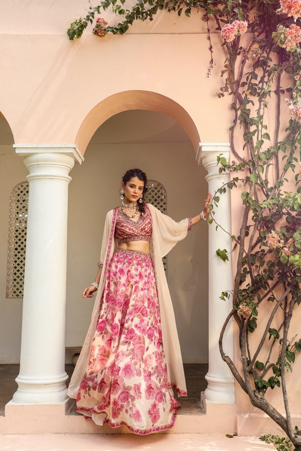 Pink Floral Print Jacket Pattern Lehanga