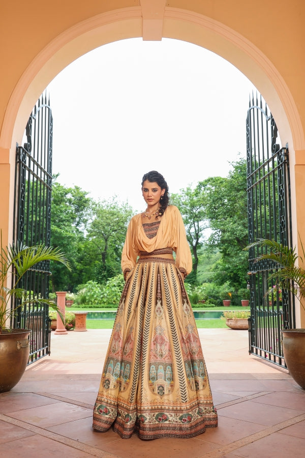 Beige Traditional Print Lehanga with Cowl Pattern Blouse