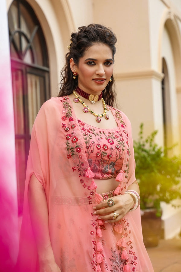 Pink Traditional Print Jacket Pattern Lehanga
