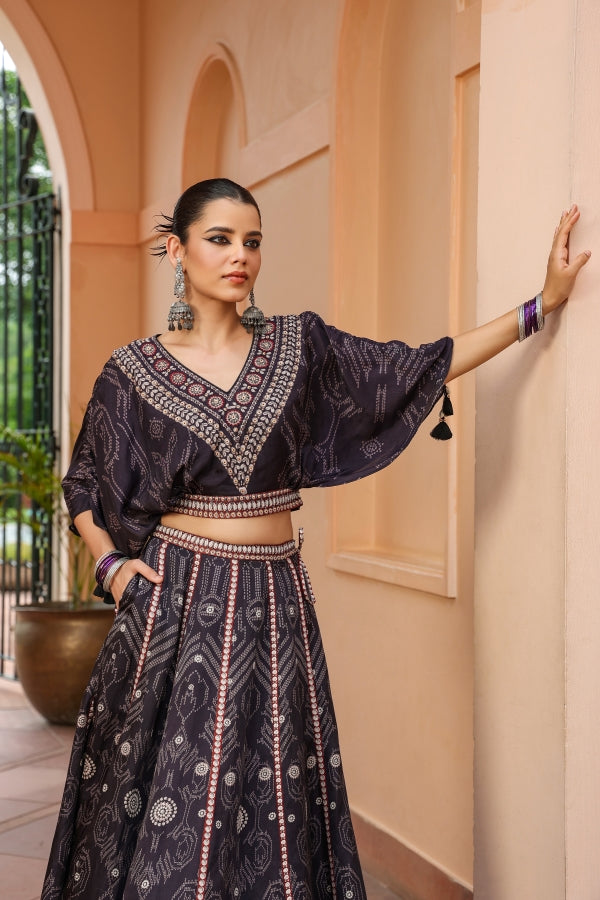 Black Colour Lehanga with Cowl Pattern Blouse