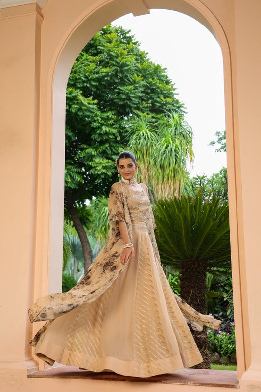 Beige Colour Jacket Pattern Lehanga