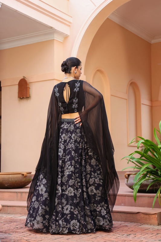 Black Colour Lehanga with Floral Print
