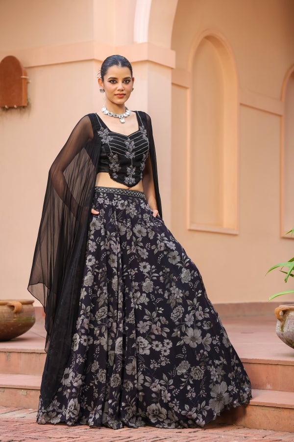 Black Colour Lehanga with Floral Print