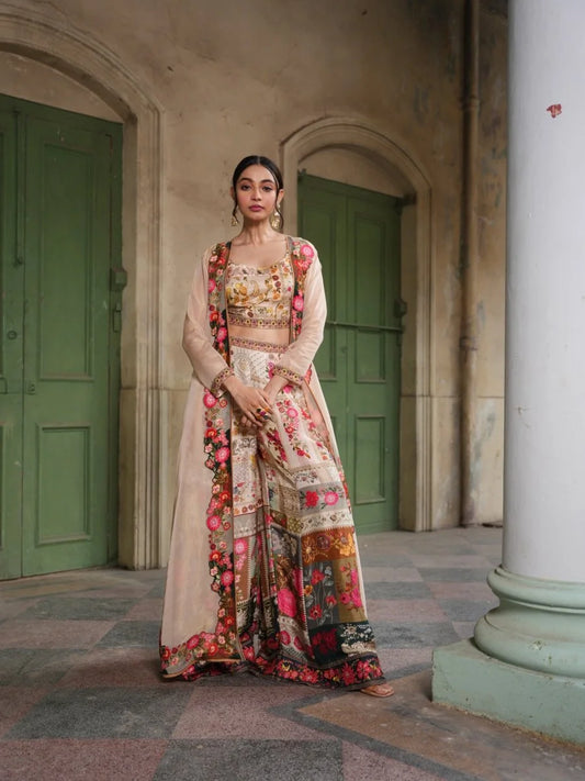 Beig Floral Print Divider Pant with Jacket