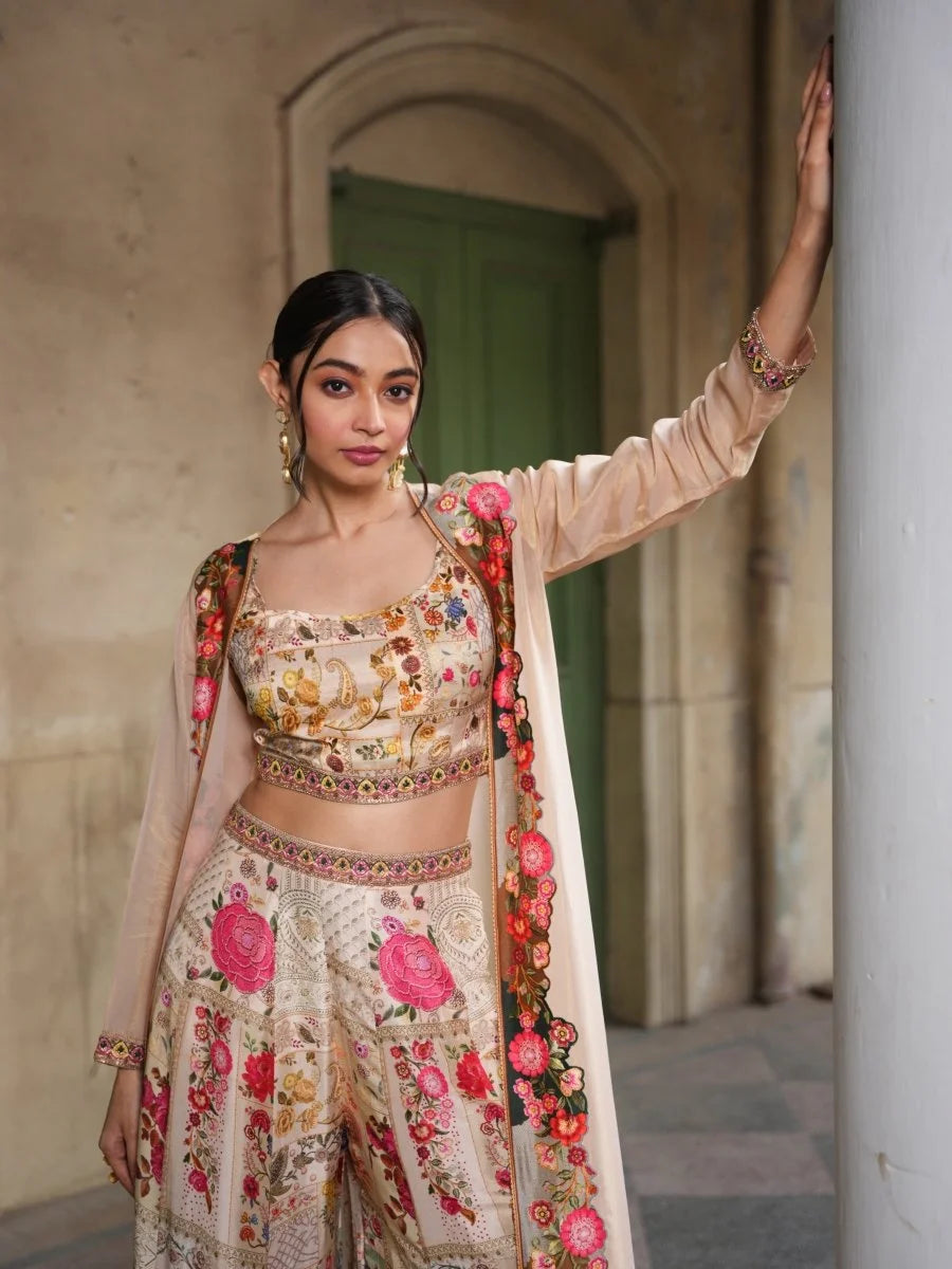 Beig Floral Print Divider Pant with Jacket