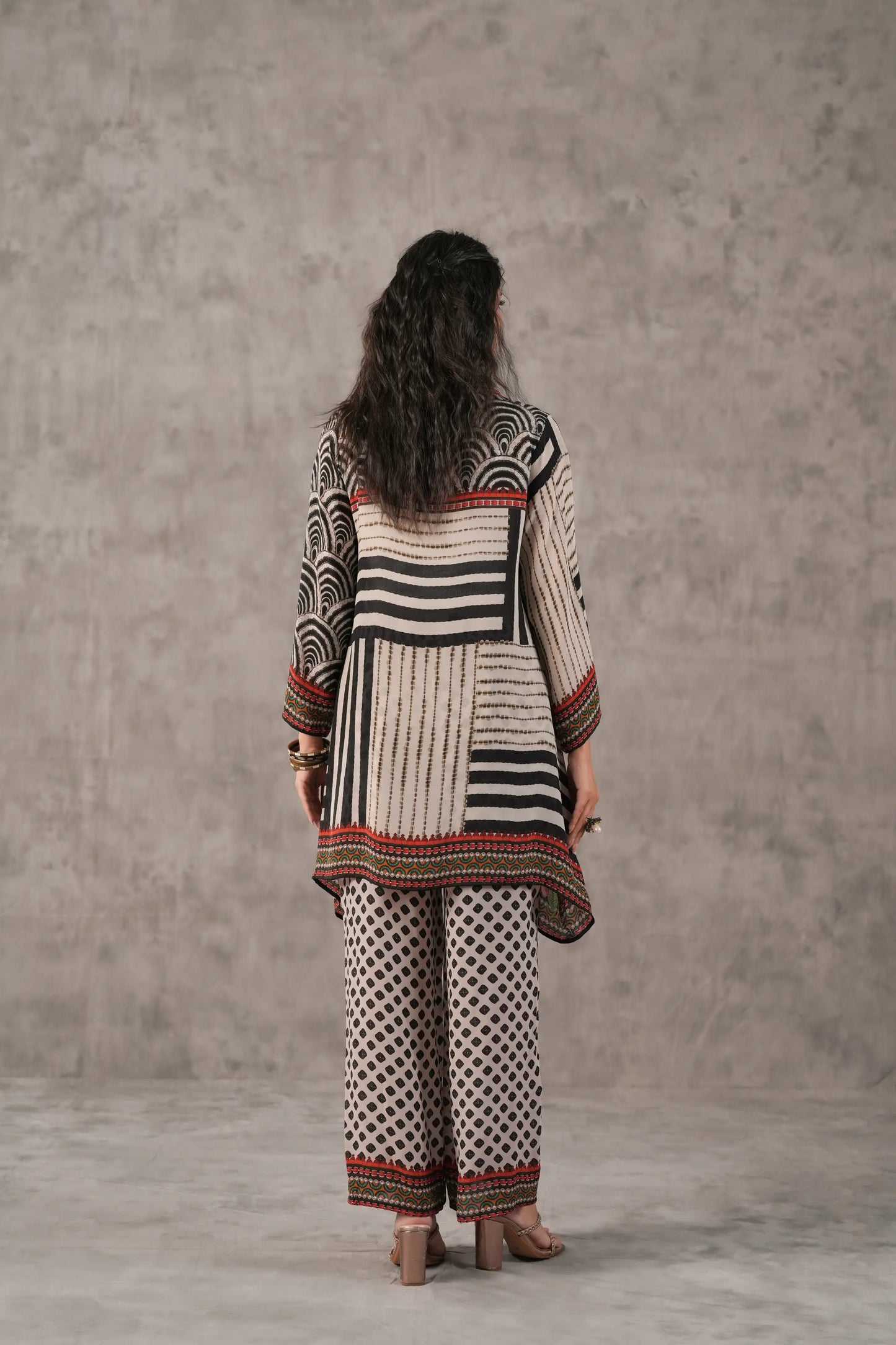 embellished aline top with straight pants. Co-ords.
