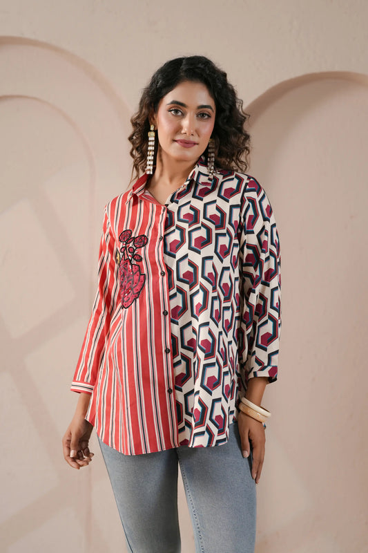 Printed Short Top with applique flower highlighted