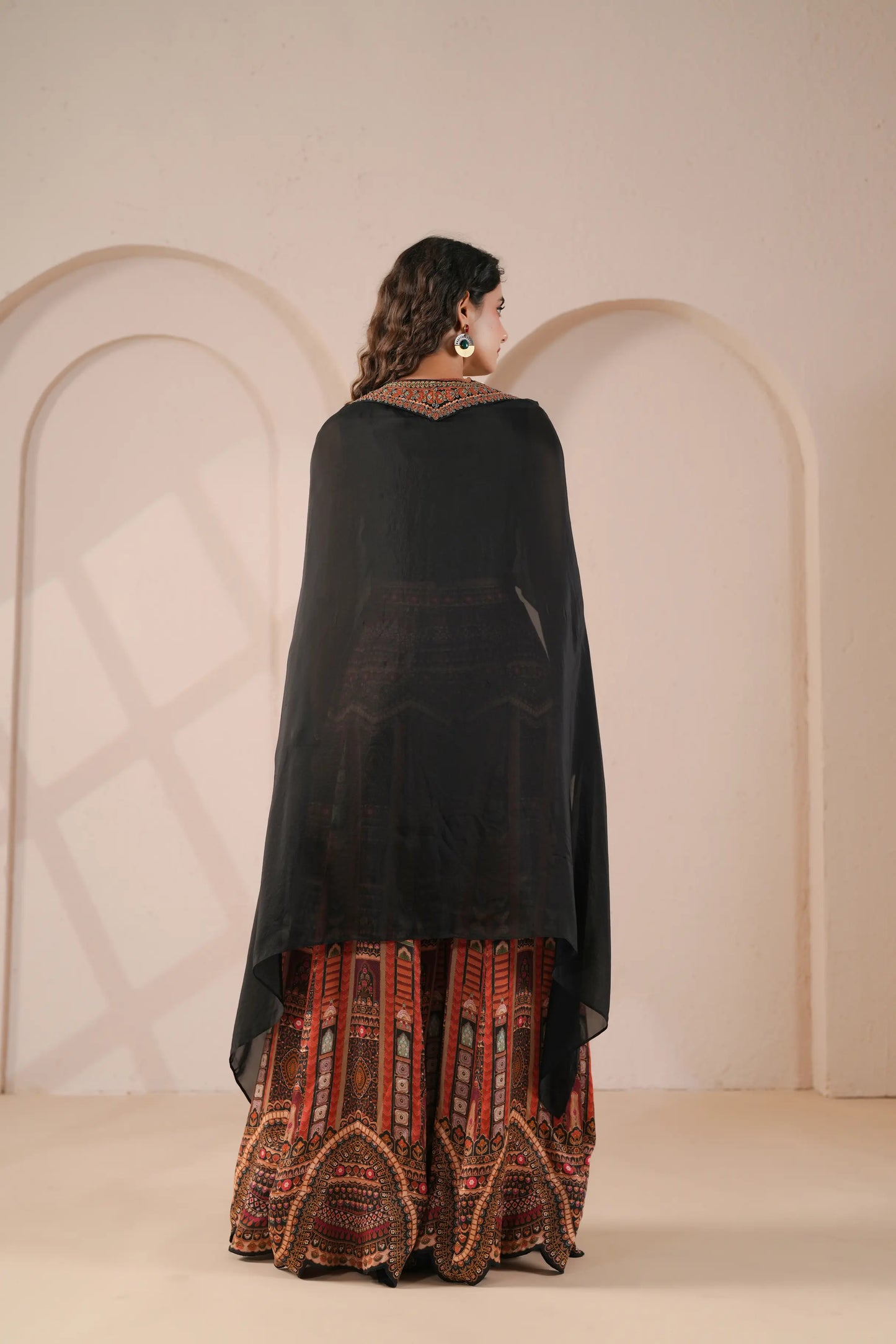 Printed Flared with Embellished Bodice and Sheer Cape