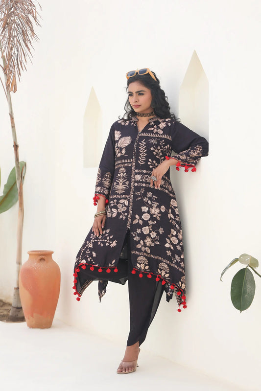 Floral Mix A-Line Kurat With Tulip Pant