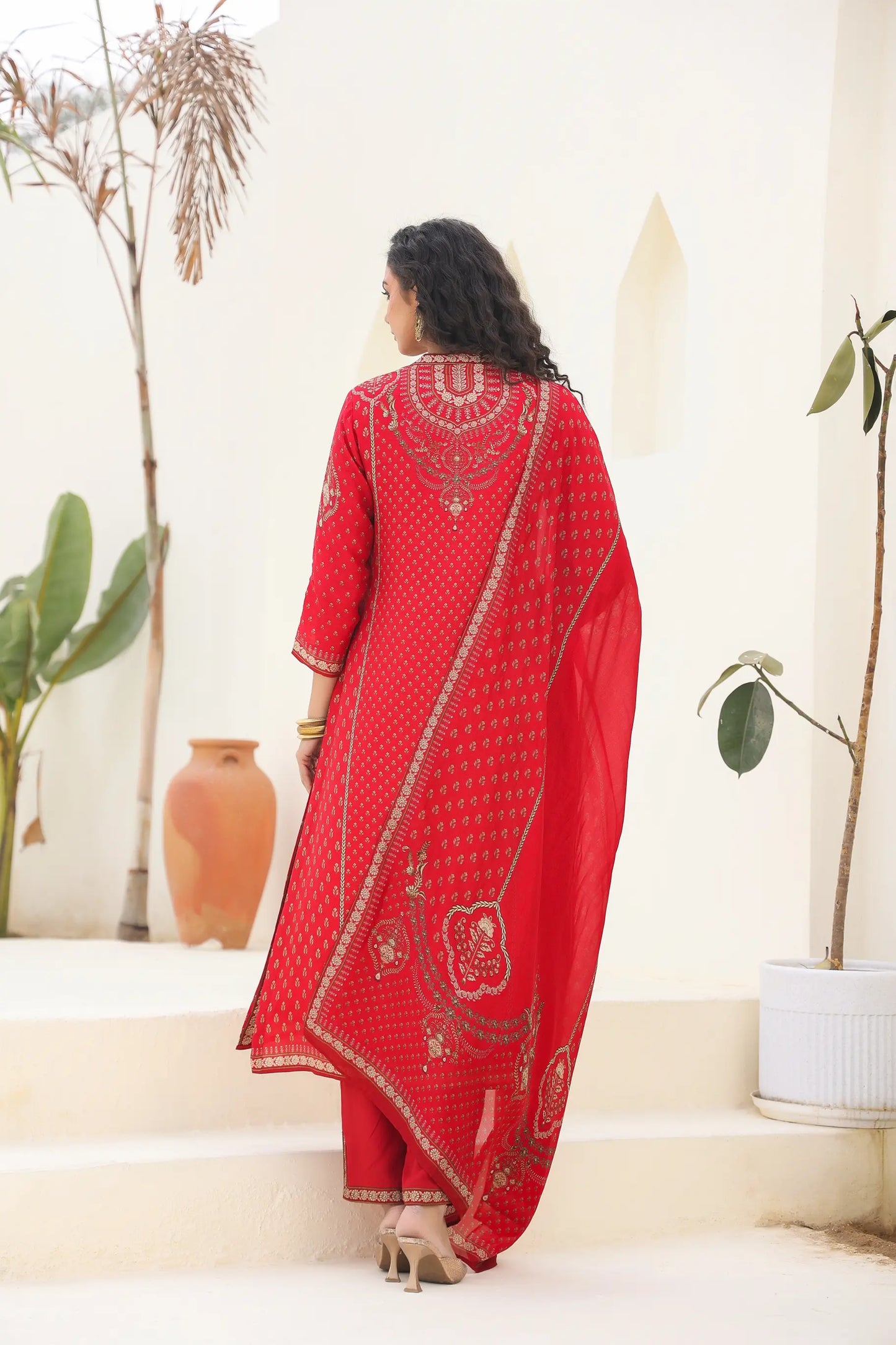 Traditional Print Straight Kurti with Pant and Printed Dupatta