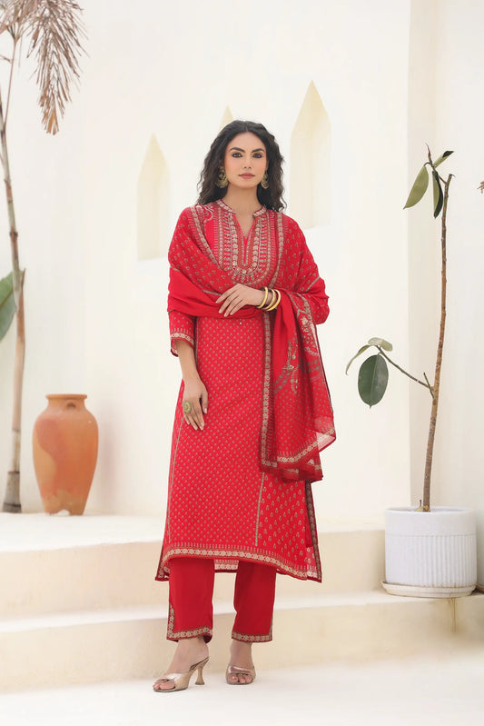 Traditional Print Straight Kurti with Pant and Printed Dupatta