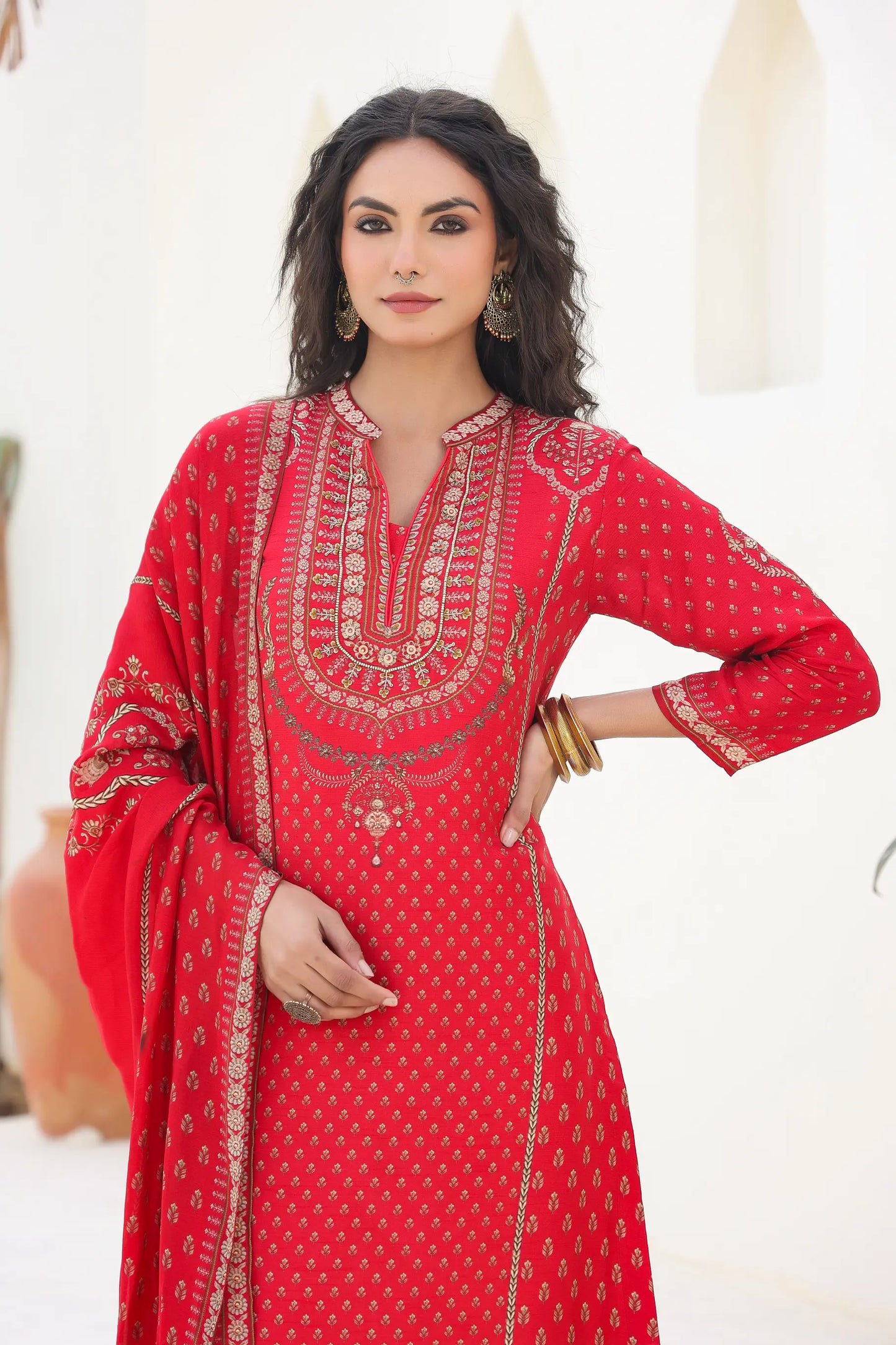 Traditional Print Straight Kurti with Pant and Printed Dupatta