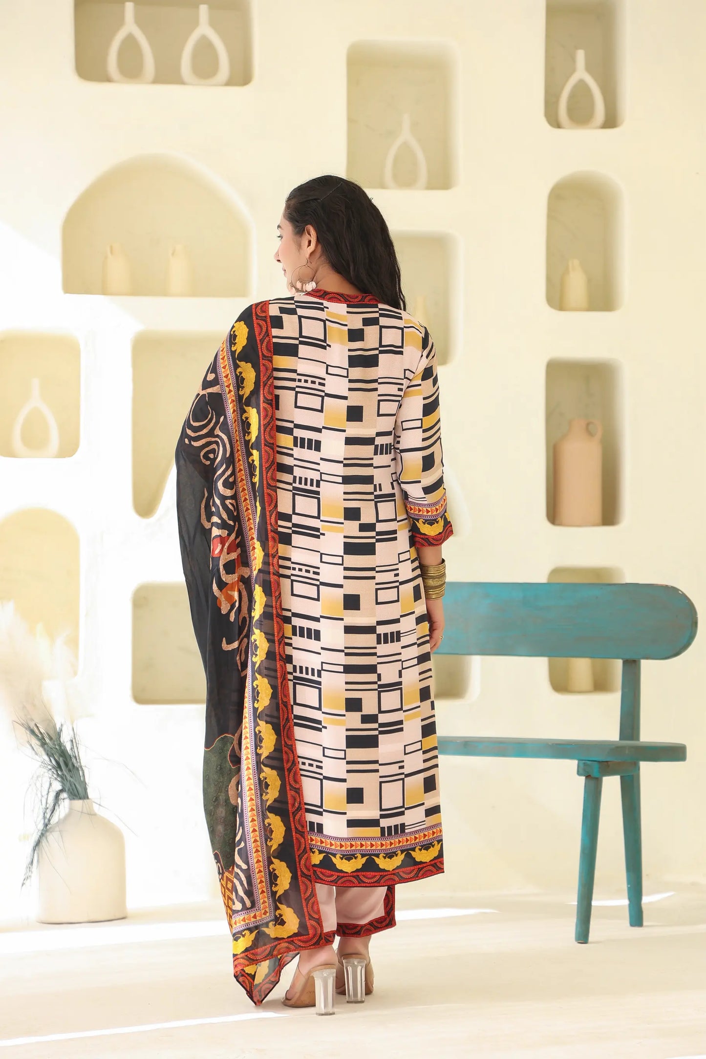 Abstract Print Straight Kurti with Pant and Printed Dupatta
