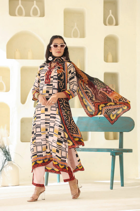 Abstract Print Straight Kurti with Pant and Printed Dupatta