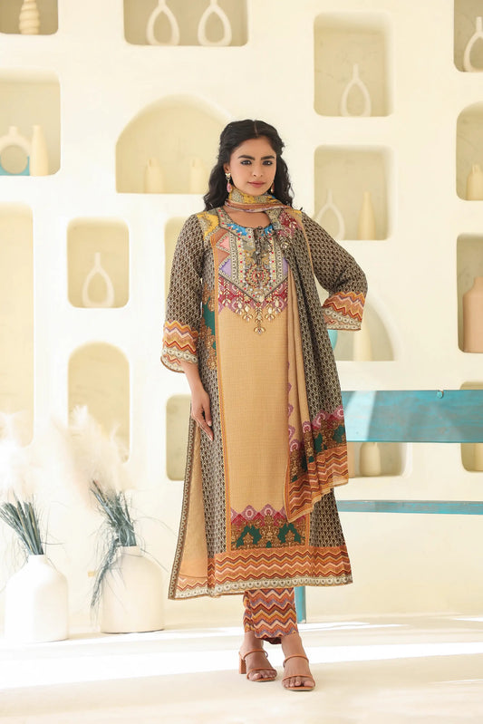 Traditional Print Straight Kurti with Pant and Printed Dupatta