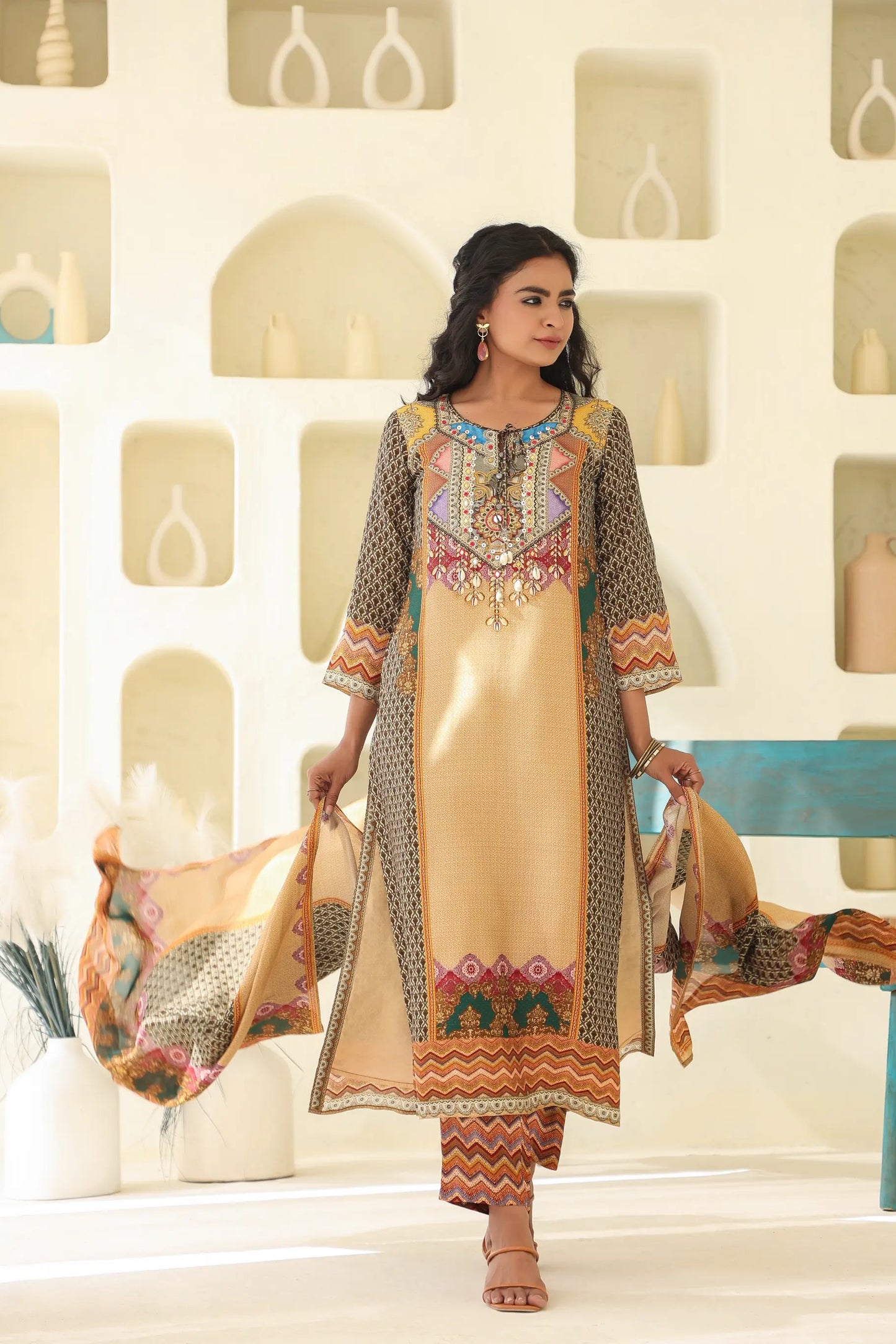 Traditional Print Straight Kurti with Pant and Printed Dupatta