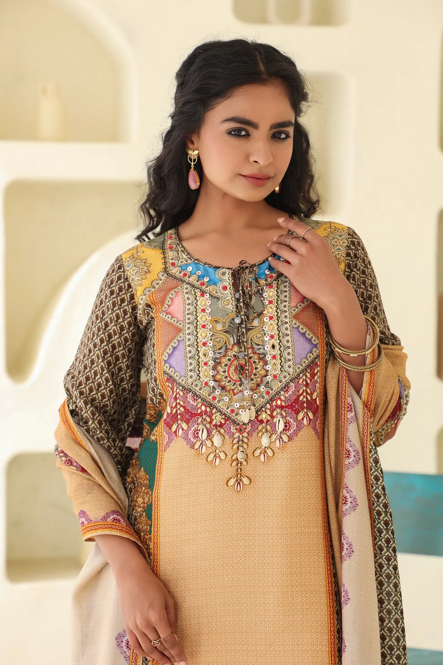 Traditional Print Straight Kurti with Pant and Printed Dupatta