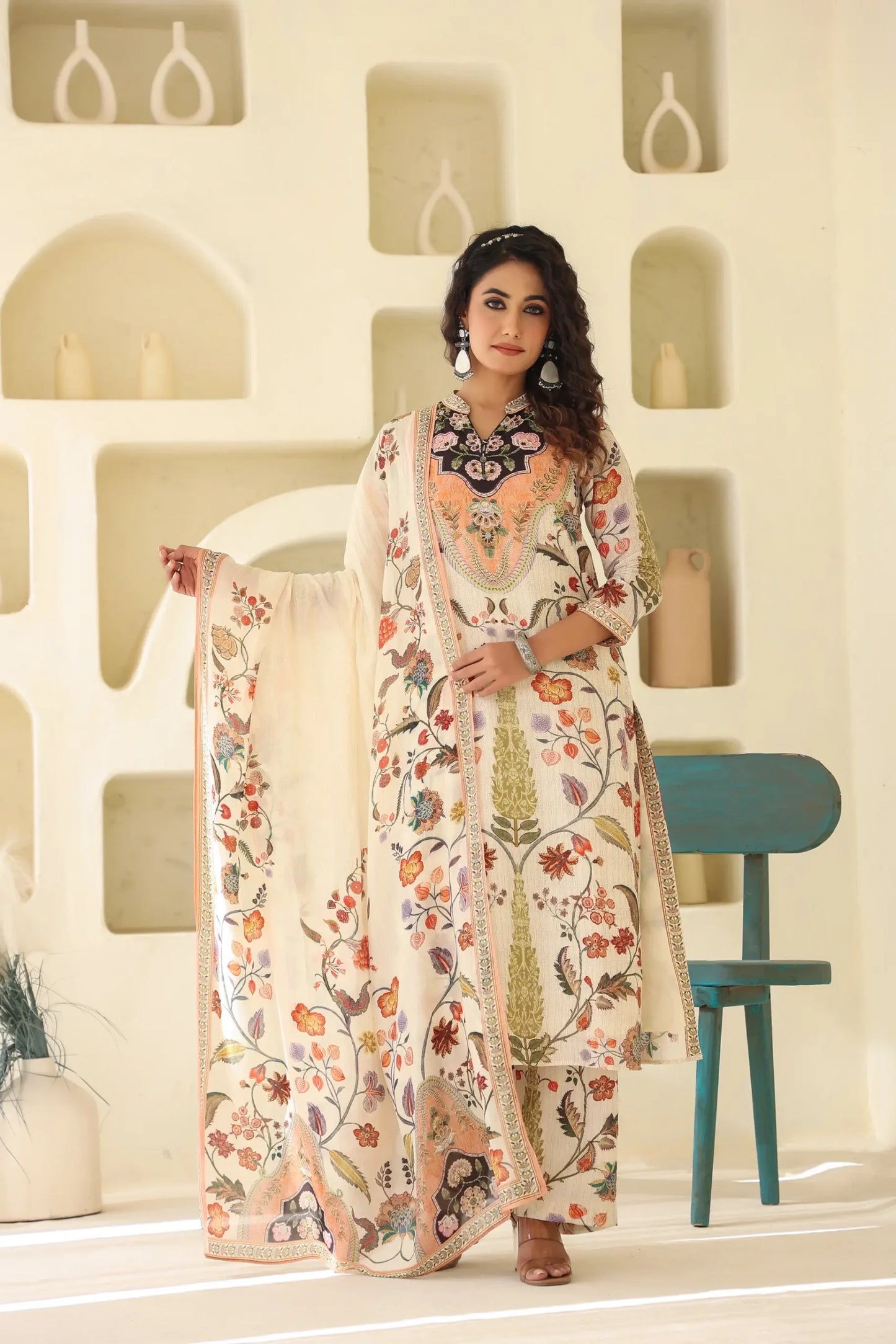 Traditional Print Straight Kurti with Pant and Printed Dupatta
