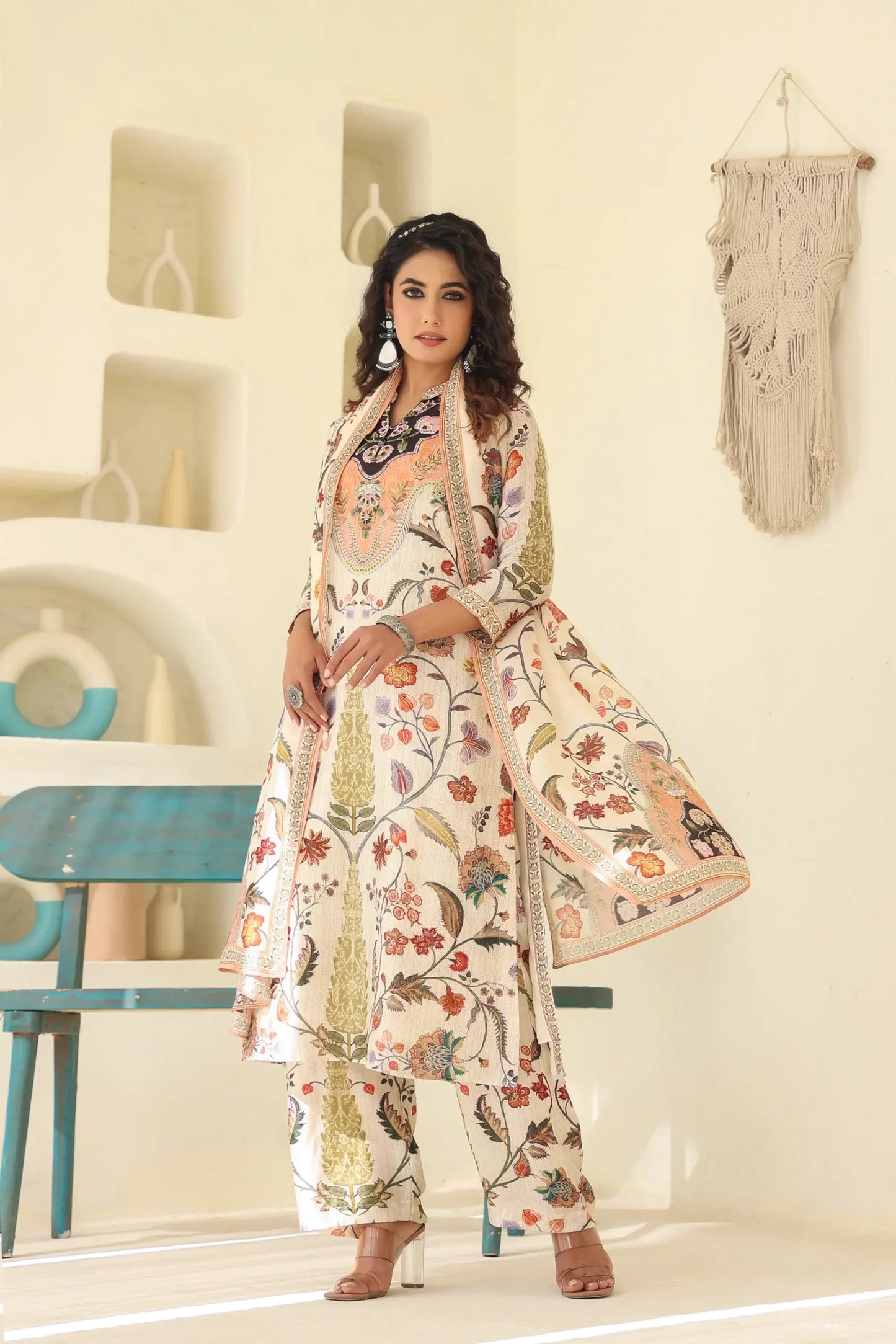 Traditional Print Straight Kurti with Pant and Printed Dupatta