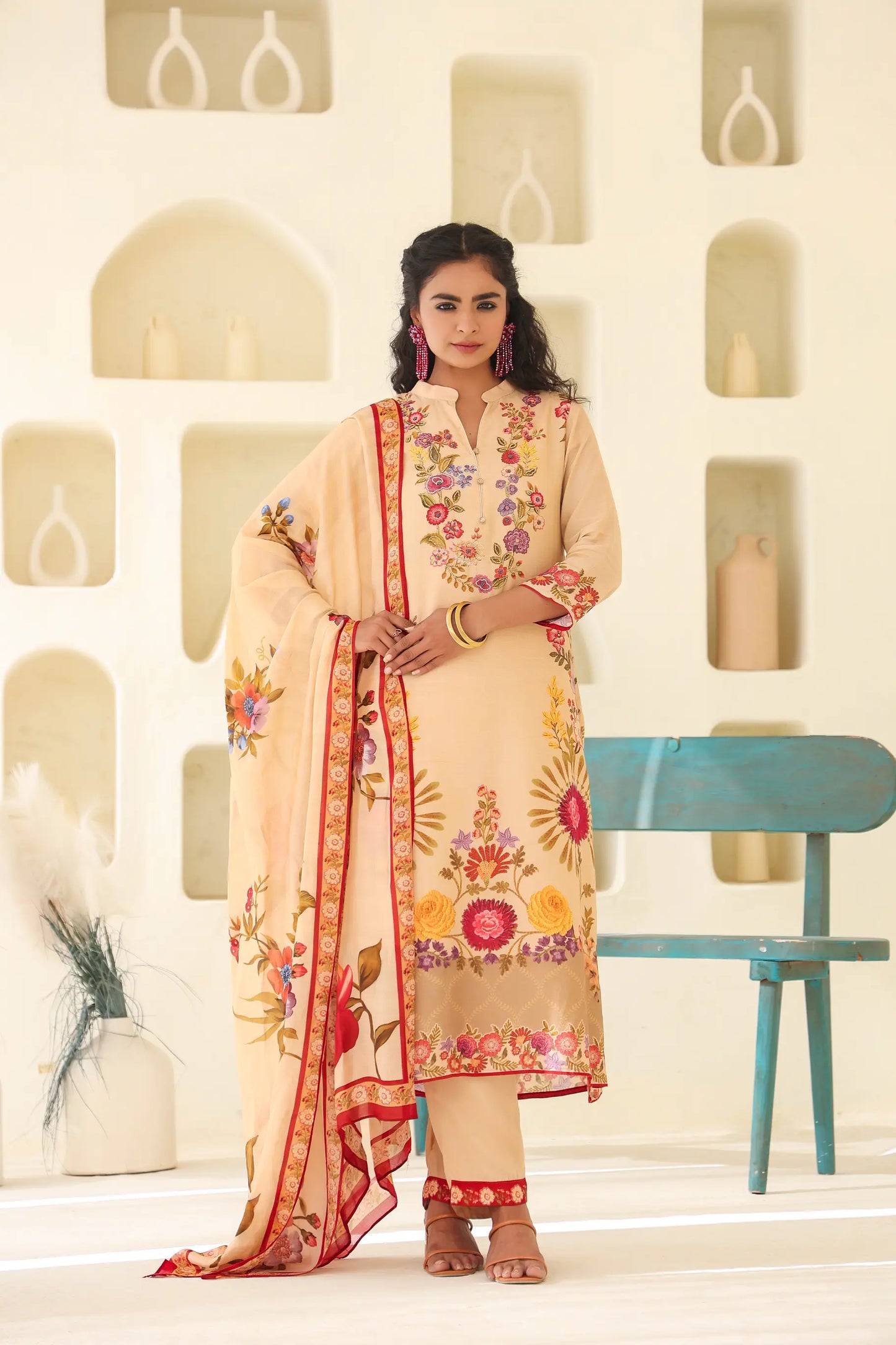 Traditional Print Straight Kurti with Pant and Printed Dupatta