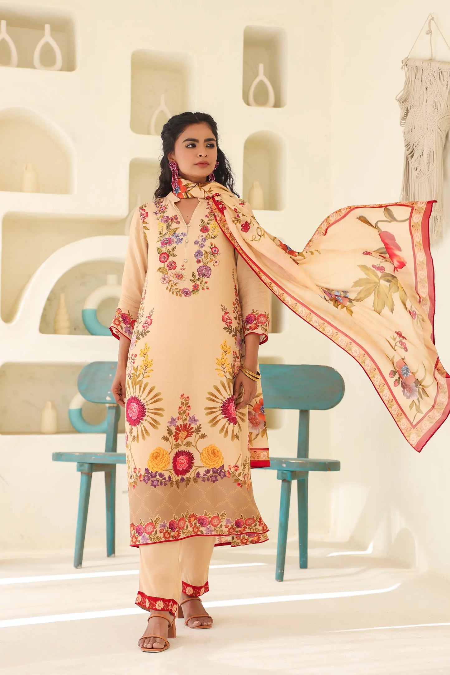 Traditional Print Straight Kurti with Pant and Printed Dupatta