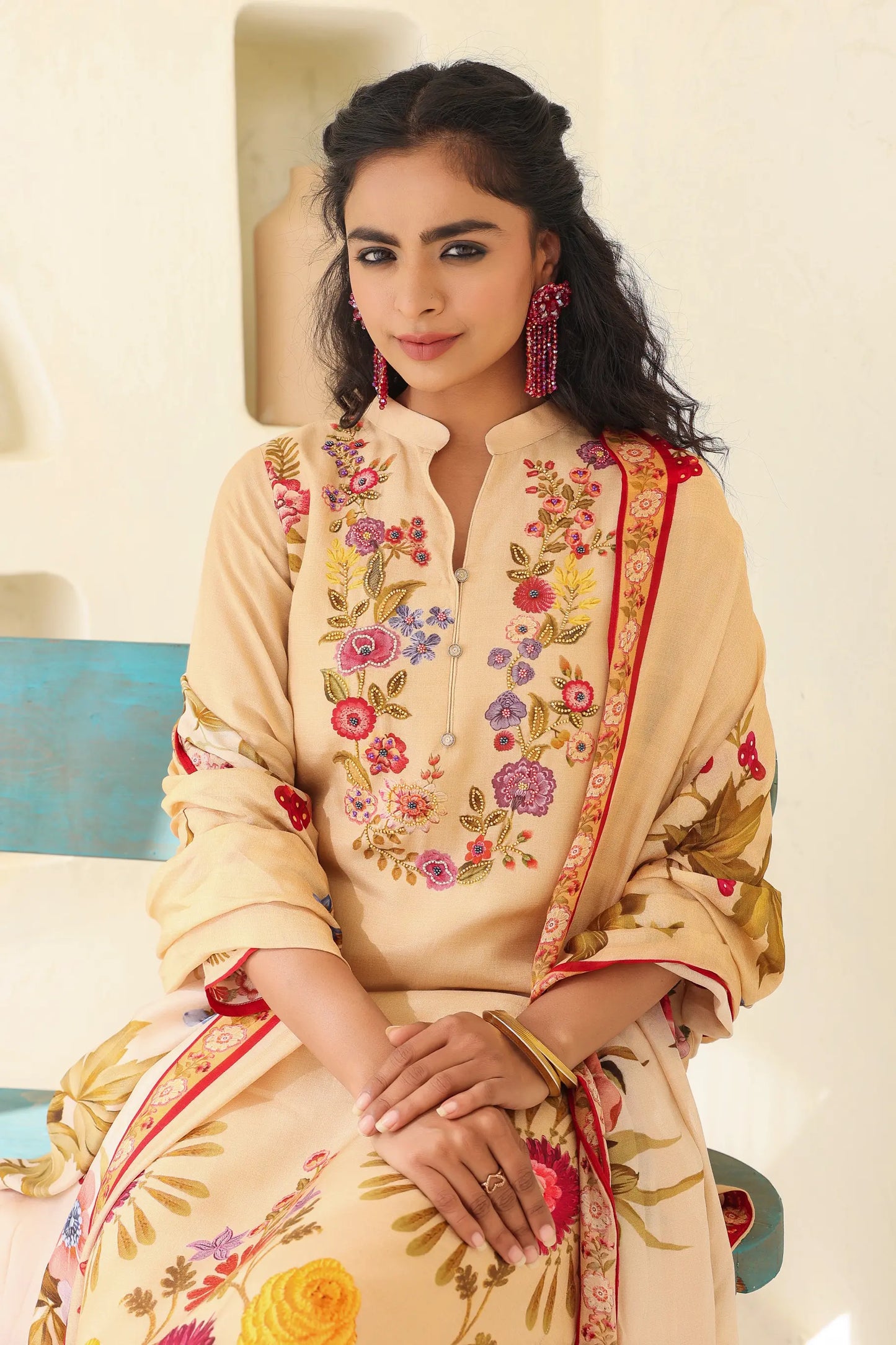 Traditional Print Straight Kurti with Pant and Printed Dupatta