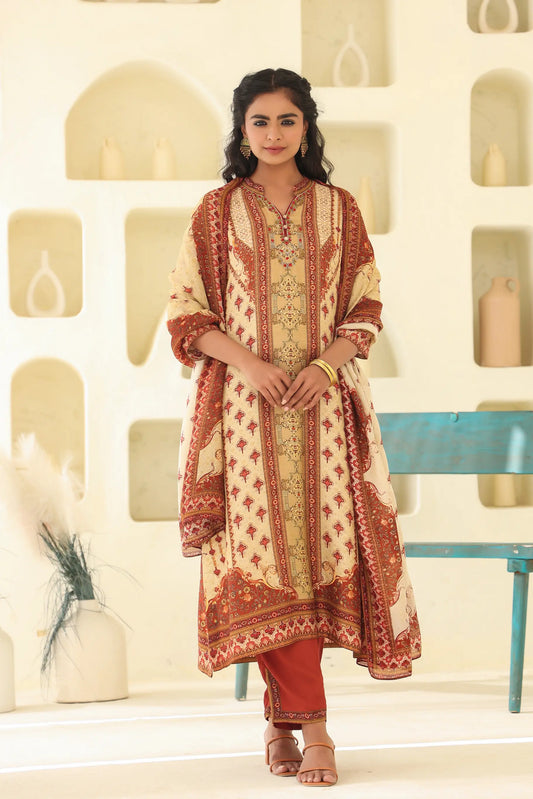 Traditional Print Straight Kurti with Pant and Printed Dupatta
