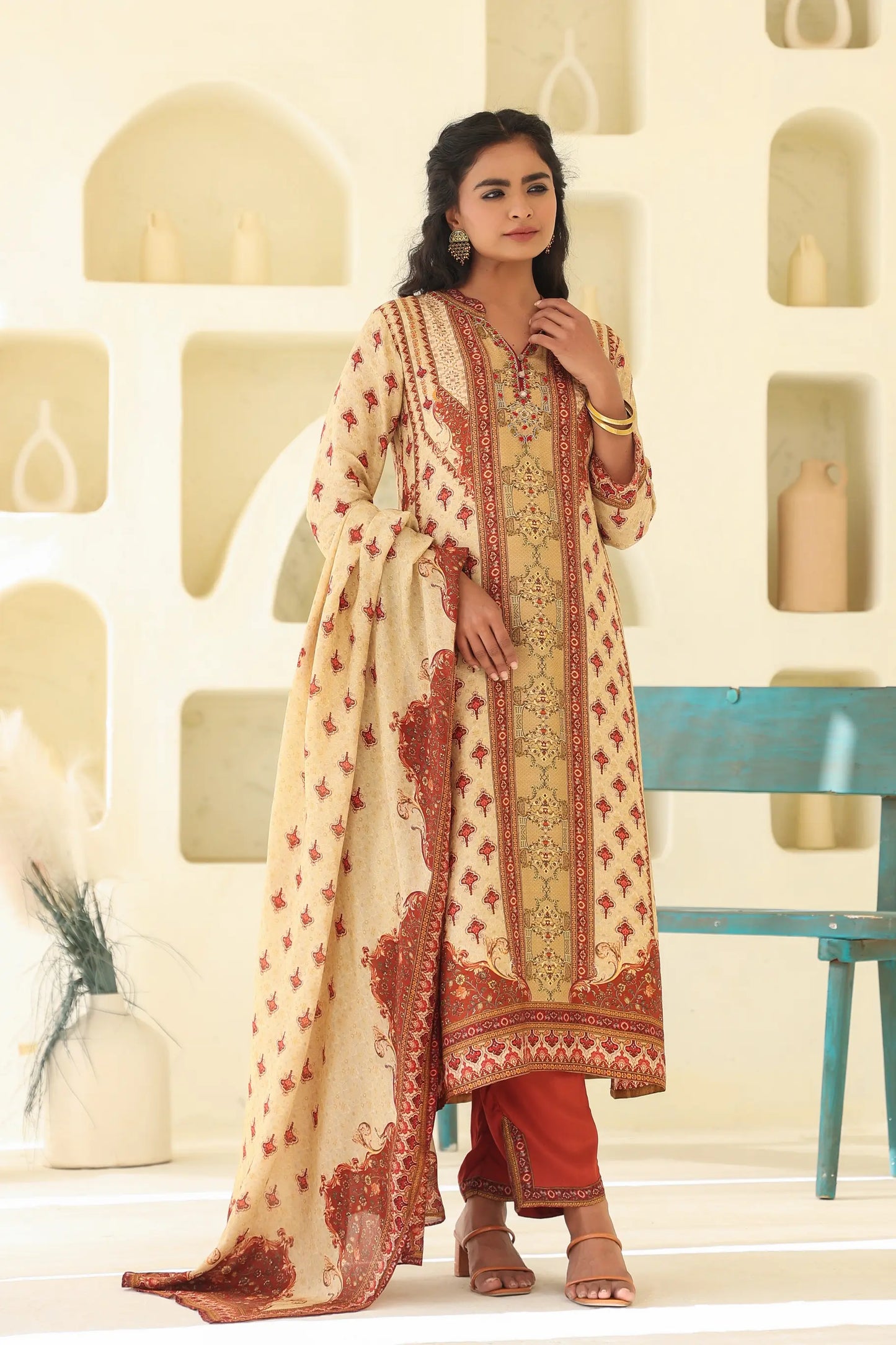 Traditional Print Straight Kurti with Pant and Printed Dupatta