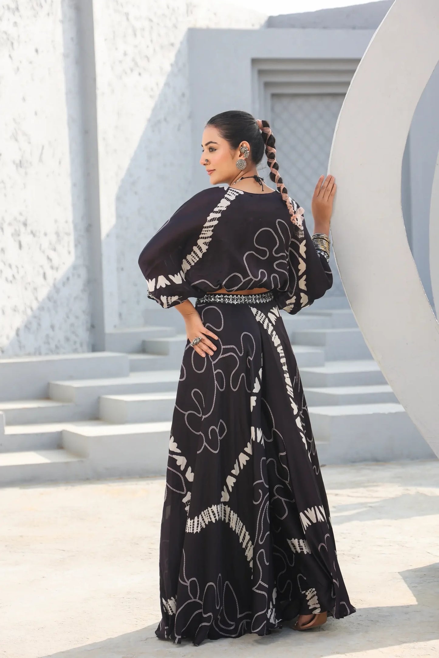 Abstract Print Divider Pant Set with Embellish Belt