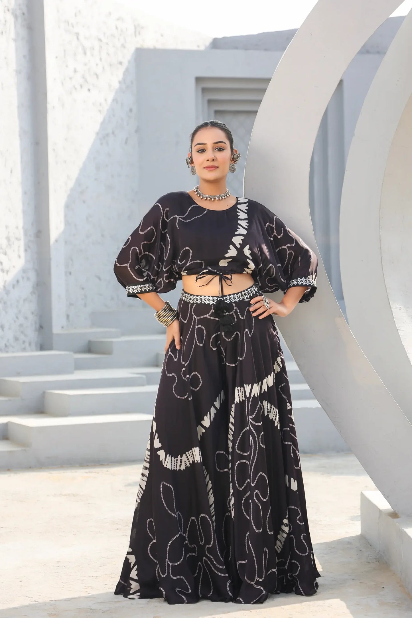 Abstract Print Divider Pant Set with Embellish Belt