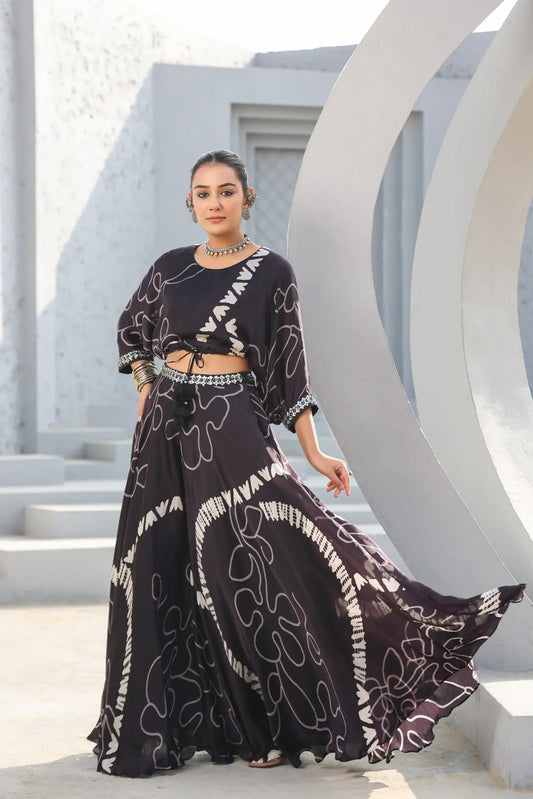 Abstract Print Divider Pant Set with Embellish Belt