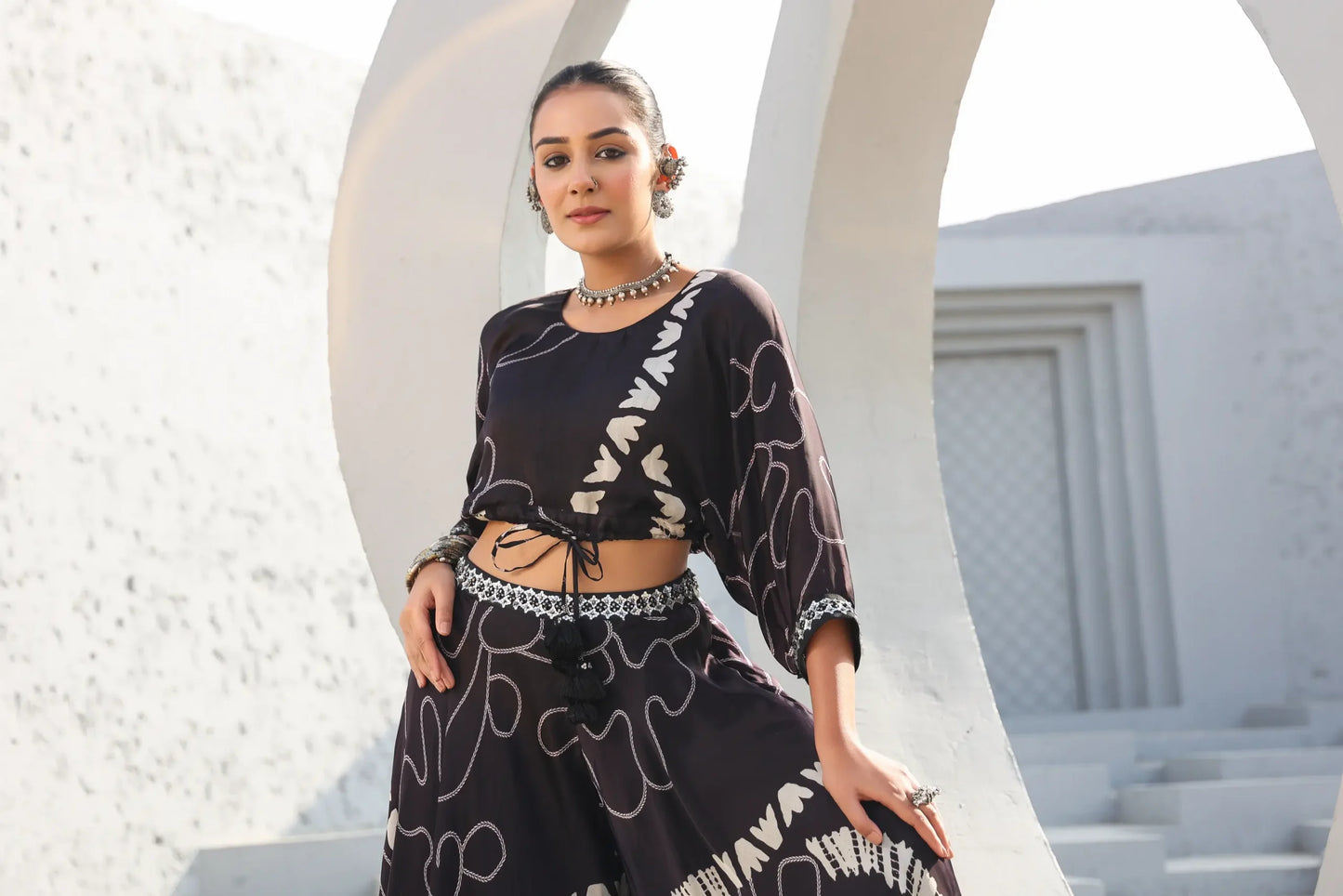 Abstract Print Divider Pant Set with Embellish Belt