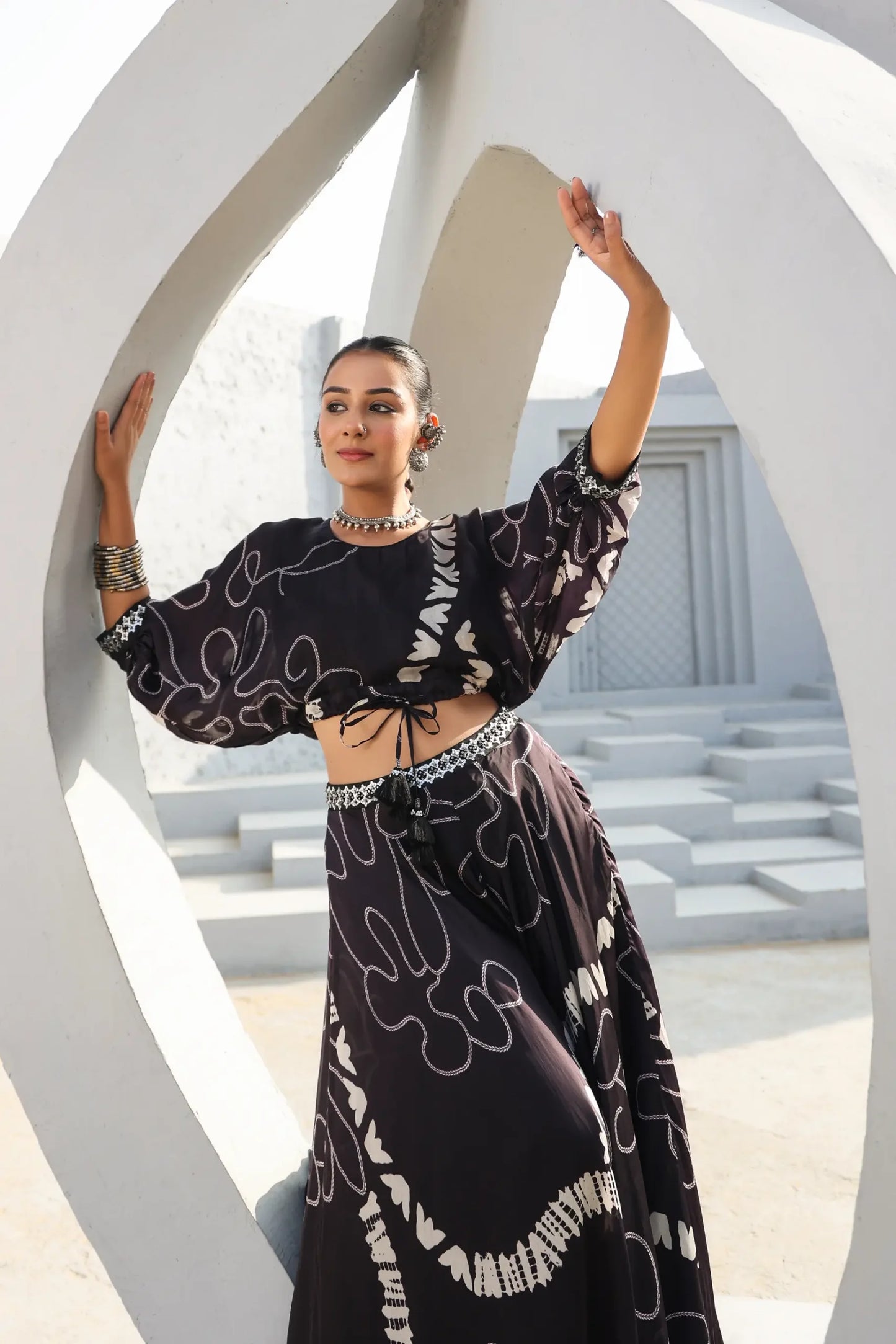 Abstract Print Divider Pant Set with Embellish Belt