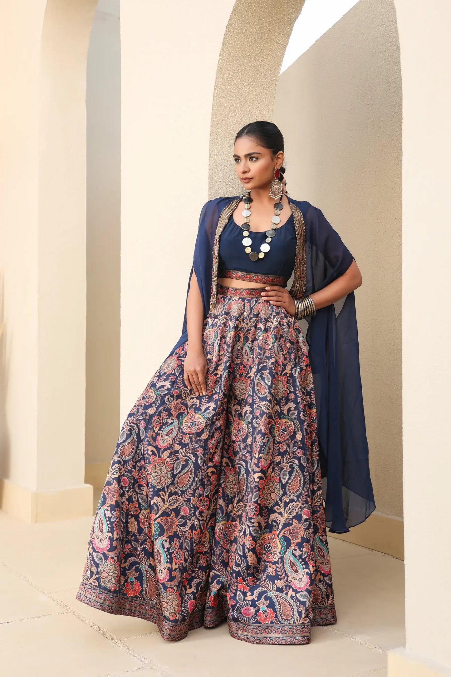 Traditional Print Sharara with Organza Embroidered Cape And Solid Blouse