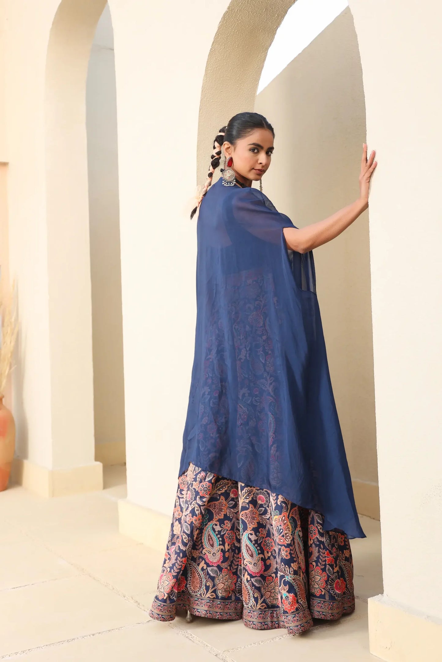 Traditional Print Sharara with Organza Embroidered Cape And Solid Blouse