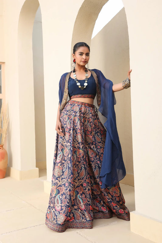 Traditional Print Sharara with Organza Embroidered Cape And Solid Blouse