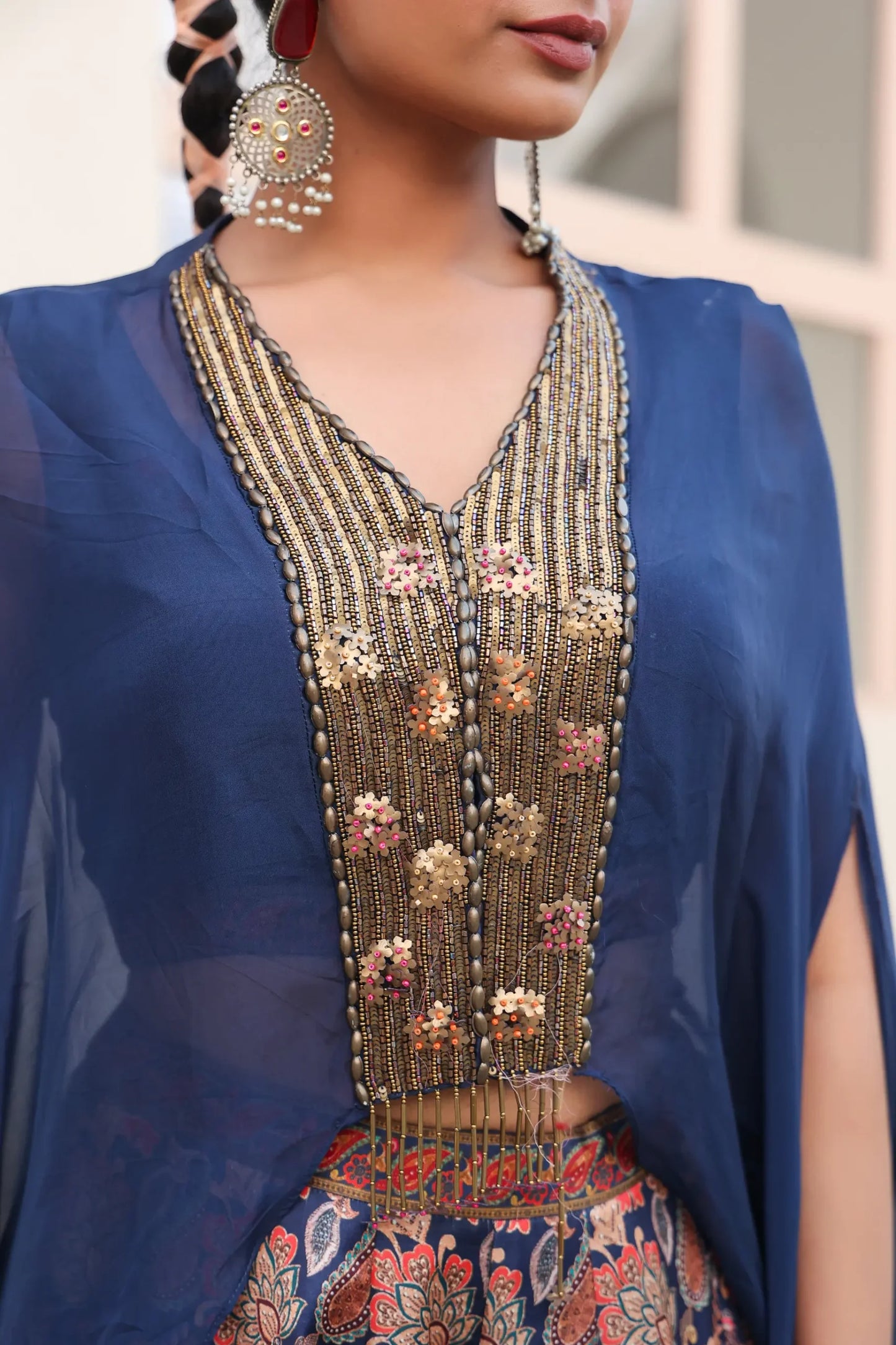 Traditional Print Sharara with Organza Embroidered Cape And Solid Blouse