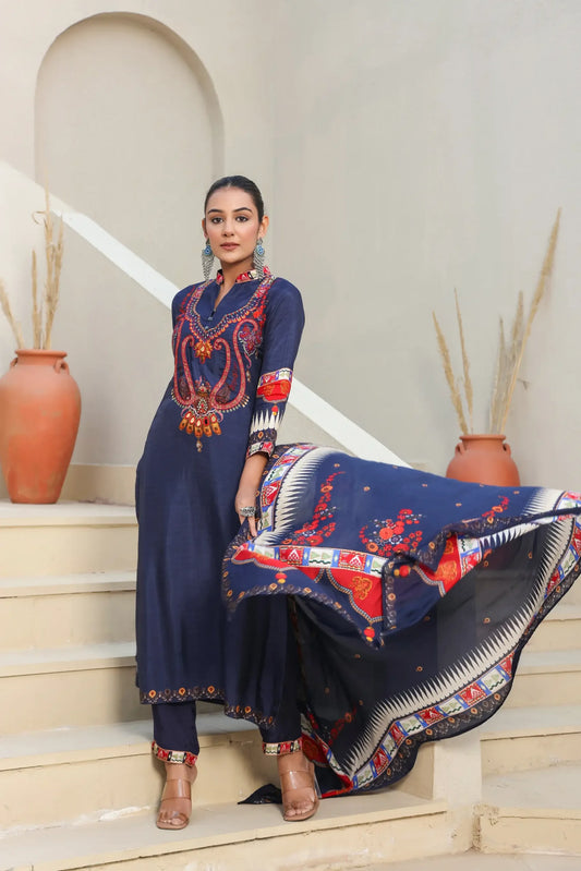 Traditional Print Straight Kurti with Pant and Printed Dupatta