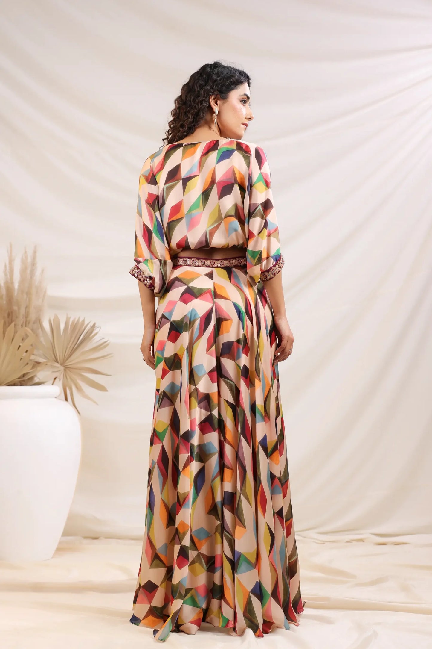 Abstract Print Divider Pant Set with Embellish Belt