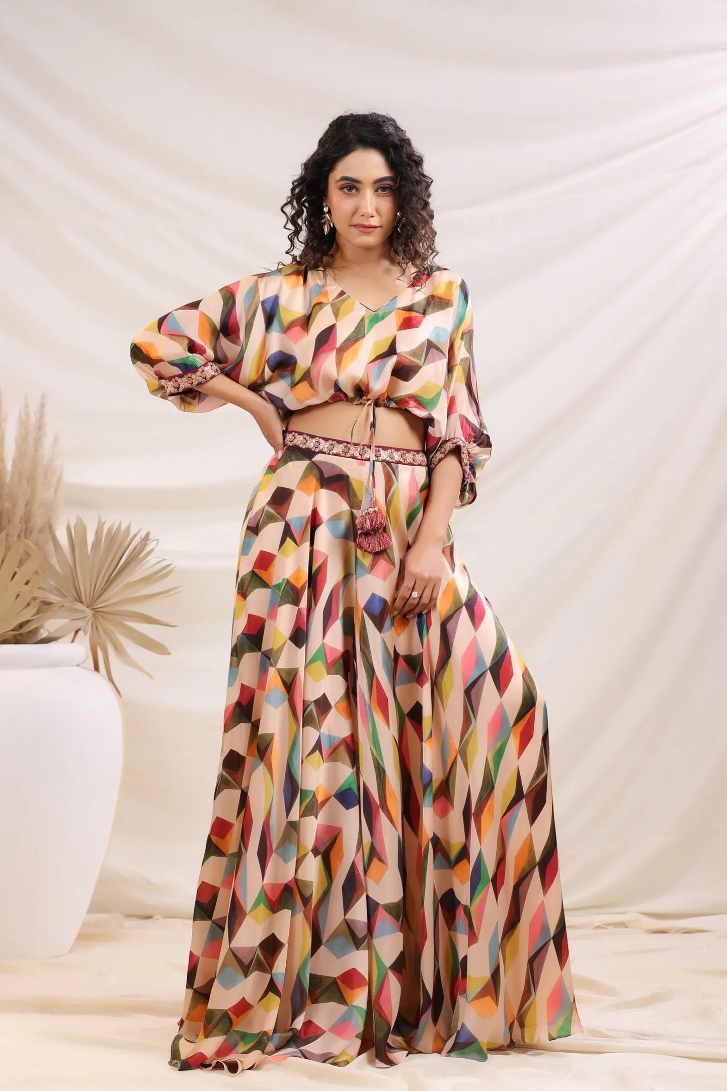 Abstract Print Divider Pant Set with Embellish Belt