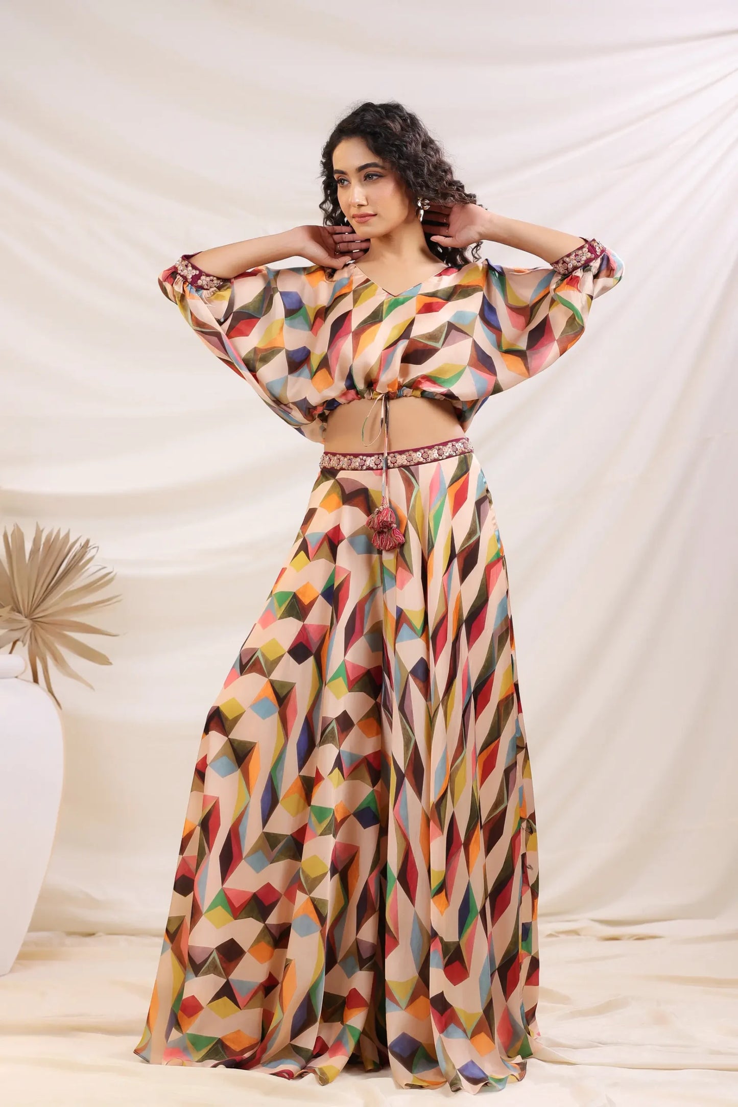 Abstract Print Divider Pant Set with Embellish Belt